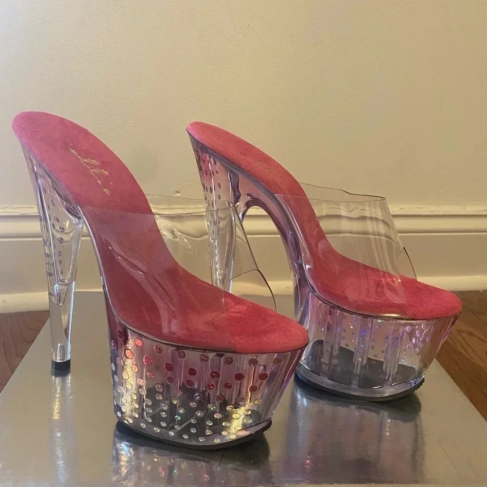 Ellie Shoes Clear Glitter Dot Platform High Heel Mules 7” Heels Pink Size 6 NEW